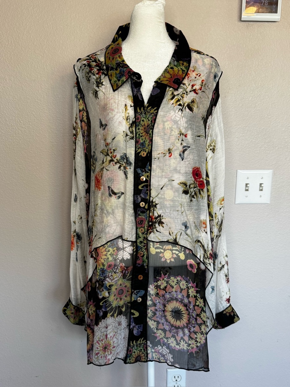 John Mark - Floral Sheer Button-Front Blouse - Multi 3X
